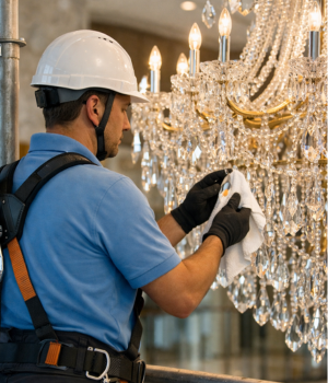 Limpeza de lustre realizada por profissional com técnica especializada para higienização de peça decorativa suspensa.