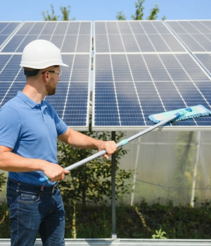Limpeza de placa solar sendo realizada por profissional especializado com equipamentos adequados