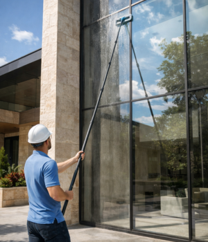 Limpeza de vidro em altura com profissional utilizando extensor de fibra de carbono, para higienização de superfície elevada.