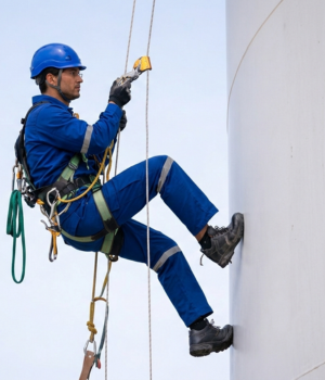 Limpeza em altura realizada por profissional com equipamentos de segurança em fachada de prédio, utilizando técnicas adequadas para superfícies elevadas
